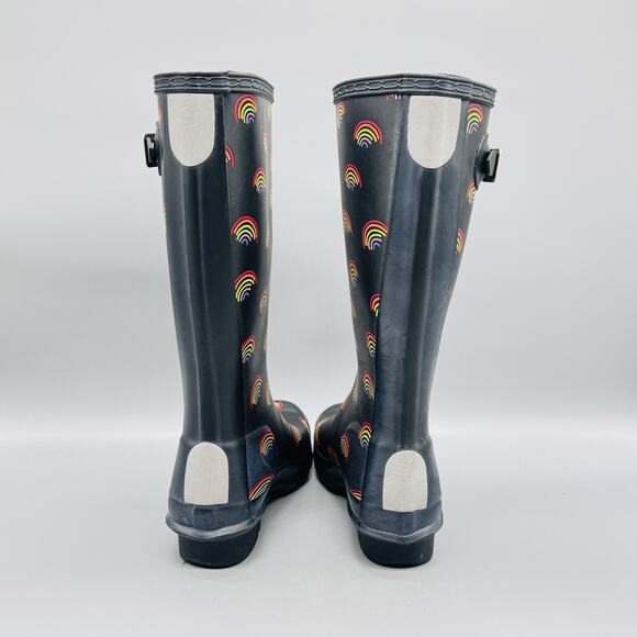 Hunter Boots Kids Girls 1 Black Rainbow Print Tall Wellington Buckle Rain Shoes - Picture 6 of 11